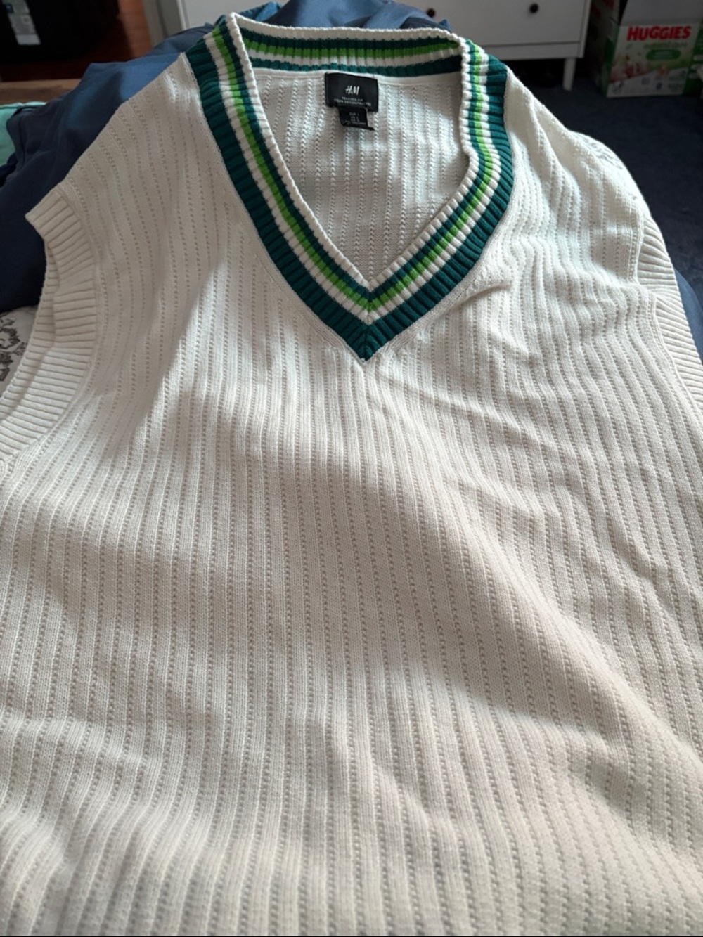H&M Men’s White V-Neck Sweater Vest with Green Trim